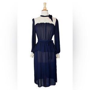 Vintage 70s Dress Argent Fille Sheer Navy Blue Lace Peplum Cottagecore Romantic